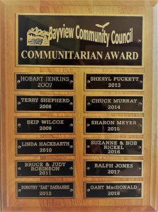 Plaque located in the Bayview Community Center entry.